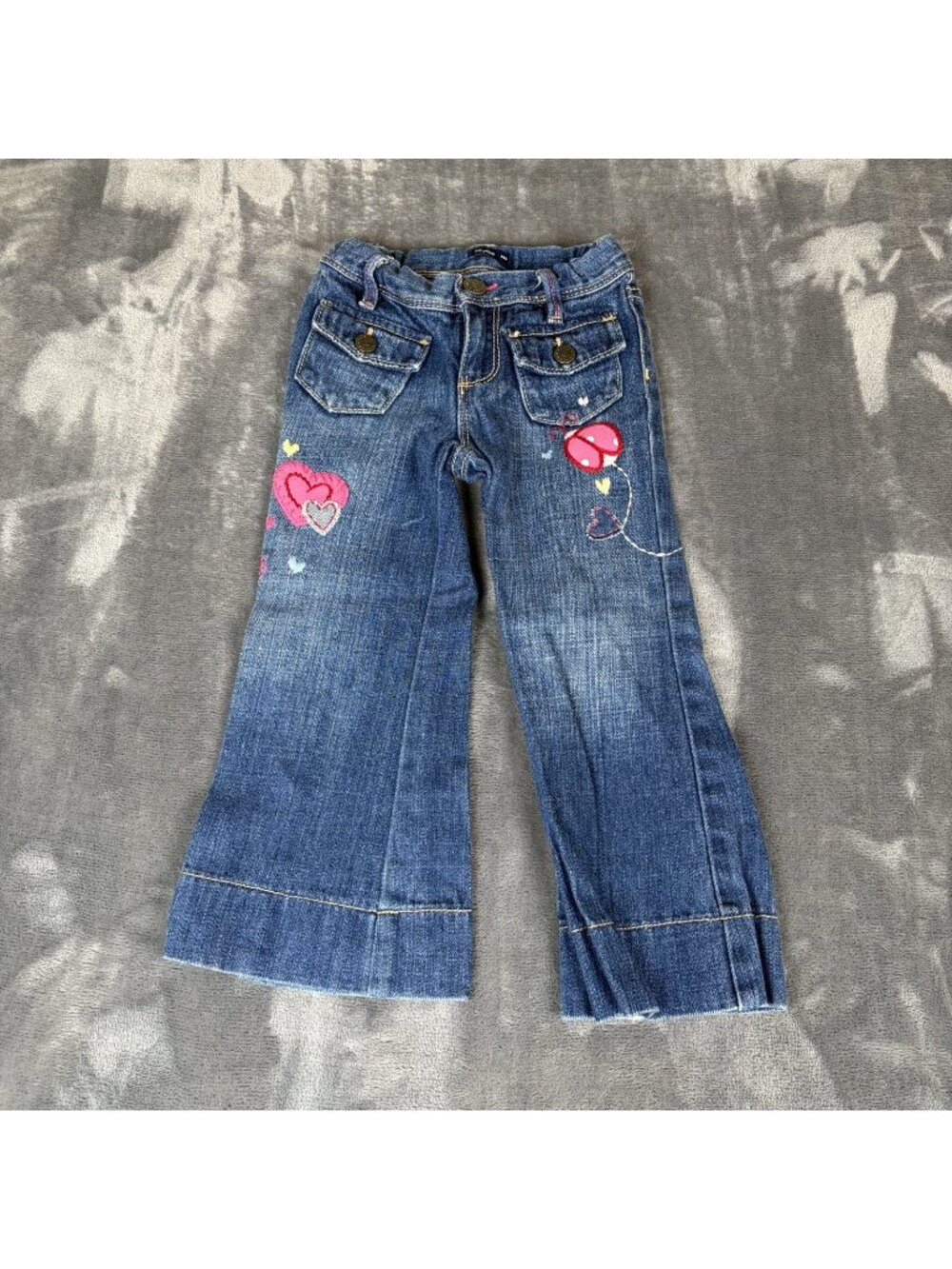 Baby Gap Denim Stretch Toddler Embroidered Jeans Size 3t Patched Flare Leg Y2K